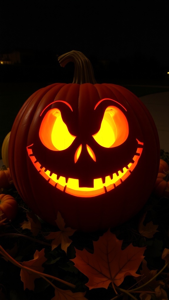 Jack Skellington Pumpkin Carving Recipe A carved Jack Skellington pumpkin glowing in the dark, surrounded by Halloween decorations.